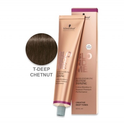 Tintura capilar Schwarzkopf Blonde Me T-Deep Chestnut com embalagem champanhe e roxa