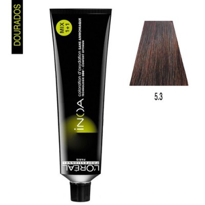 Tubo de tinta de cabelo preto L'Oréal Inoa com amostra de cor 5.3 castanho dourado