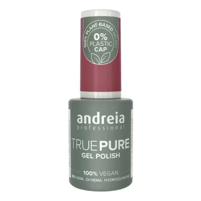 Verniz gel Andreia Professional True Pure com tampa vermelha e frasco verde cinza.