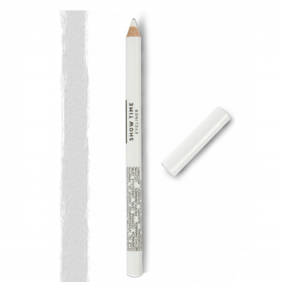 Lápis eyeliner branco com tampa ao lado e riscado de cor branca