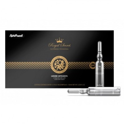 Caixa preta com ampolas transparentes de produto 'Royal Secret'