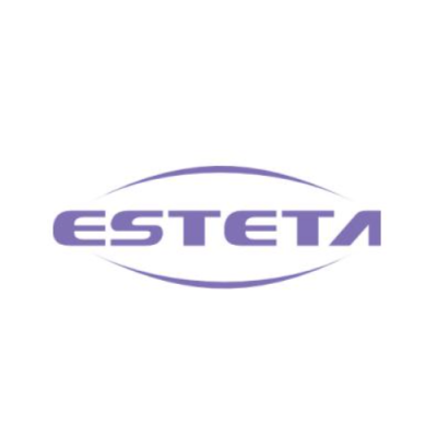 Logotipo com a palavra ESTETA em roxo e linhas curvas estilizadas