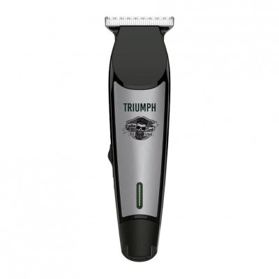 Máquina de cortar cabelo elétrica preta e cinza com texto TRIUMPH e logo de caveira