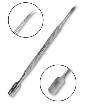 Instrumento metálico duplo para cuidados de unhas com espátula e ponta curva