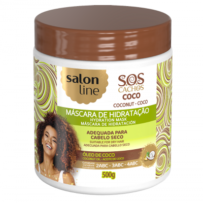 Frasco de máscara de hidratação Salon Line S.O.S Cachos Coco com tampa castanha e imagem de mulher encaracolada