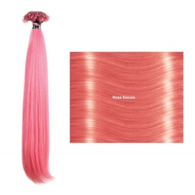 Extensões de cabelo rosa claro com amostra de cor 'Rosa Escuro'