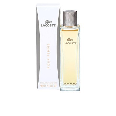 Frasco de perfume Lacoste Pour Femme com embalagem branca e tampa prateada