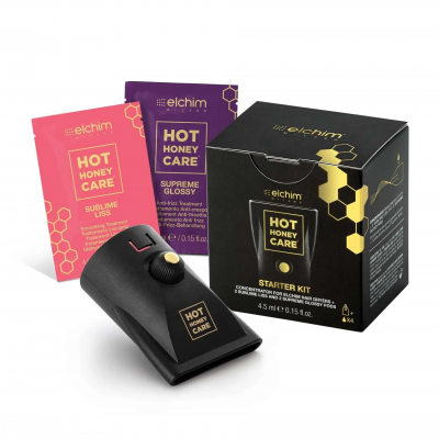 Kit de partida HOT HONEY CARE da elchim com dispositivo preto e embalagens coloridas