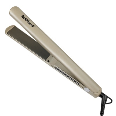 Prancha alisadora de cabelo bege com placas pretas e texto Richwood