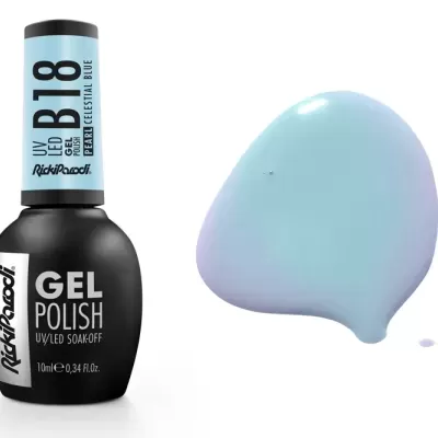 Frasco de verniz gel para unhas preto com tampa azul claro e gotas de verniz azul