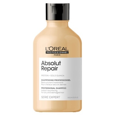 Frasco de champô L'Oréal Absolut Repair em plástico bege com tampa preta e rótulo branco