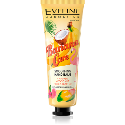 Creme para mãos Eveline Cosmetics Banana Care amarelo com imagens de banana, coco e flamingo