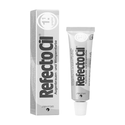 Tubo prateado e caixa branca do produto RefectoCil para sobrancelhas e pestanas