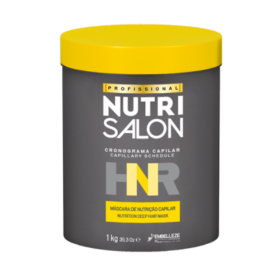 Pote de máscara capilar Nutri Salon com tampa amarela e corpo cinza escuro