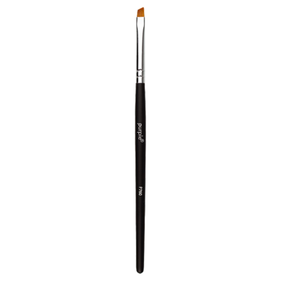 Pincel de maquilhagem preto com pelos castanhos inclinados e texto branco no cabo