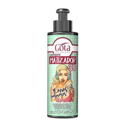 Frasco de produto matizador Gota Dourada com doseador e rótulo colorido