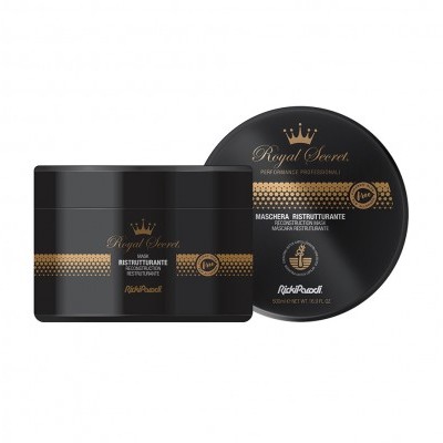 Máscara capilar restauradora Royal Secret em embalagem preta com texto dourado e branco