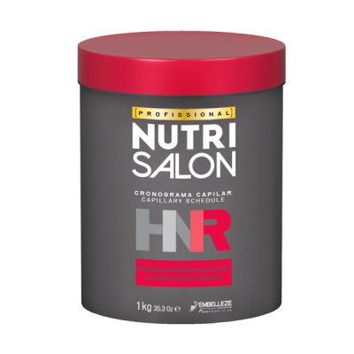 Máscara de reconstrução capilar Nutri Salon com tampa vermelha e embalagem cinza.