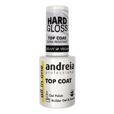 Frasco branco de verniz top coat Andreia Professional com tampa transparente e texto em preto e amarelo