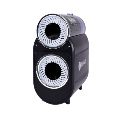 Dispositivo elétrico preto com dois ventiladores circulares prateados e texto STARKES na lateral