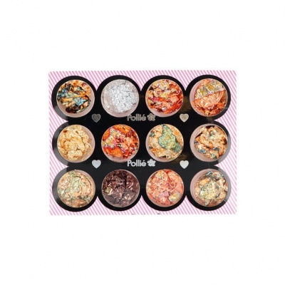 Conjunto de 12 sombras de olhos coloridas em embalagem preta com moldura rosa às riscas