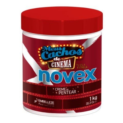 Frasco de creme para pentear Novex com embalagem vermelha e azul