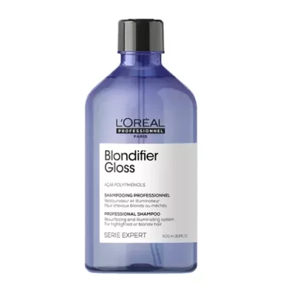 Frasco azul translúcido de shampoo L'Oréal Blondifier Gloss com rótulo branco