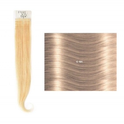 Extensão de cabelo loiro e amostra de cabelo castanho claro com código C 101