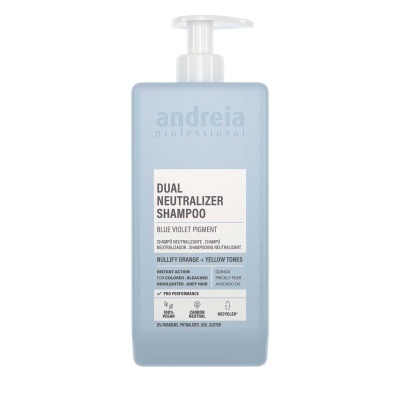Frasco azul claro de champô Andreia Professional Dual Neutralizer com doseador branco