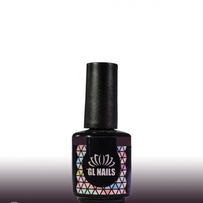 Frasco de verniz de unhas GL NAILS preto com rótulo colorido em fundo branco e roxo