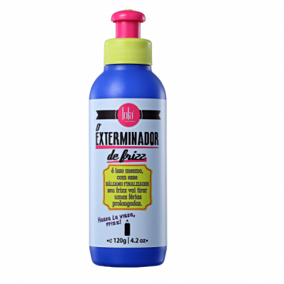 Frasco azul de cosmético com tampa rosa e anel verde, texto em preto, amarelo e vermelho.