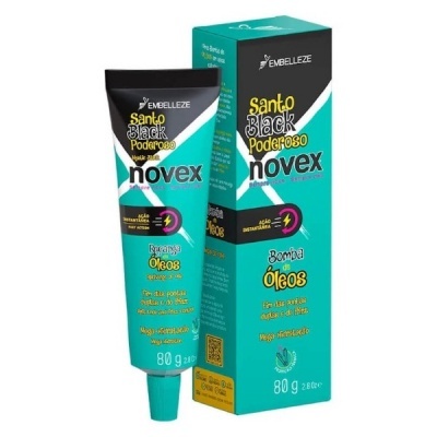 Creme de tratamento capilar Novex Santo Black Poderoso da Embelleze, tubo e caixa verde e preta