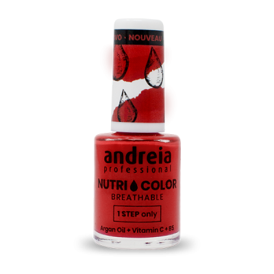 Verniz de unhas vermelho Andreia Nutri Color com tampa branca e gotas vermelhas