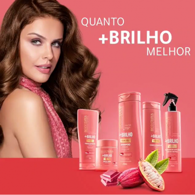 Produtos capilares Bioextratus em embalagem rosa com modelo e texto promocional