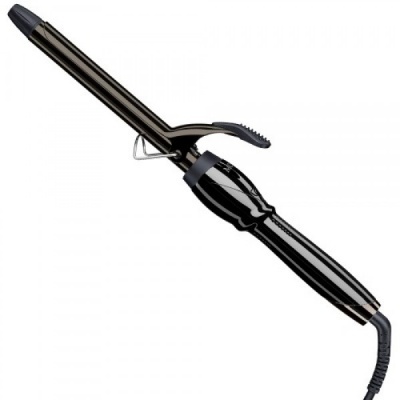 Modelador de cabelo preto com cabo e suporte metálico em fundo branco