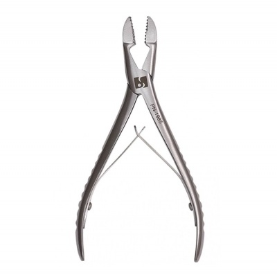 Alicate metálico prateado com pinças serrilhadas e mola fina