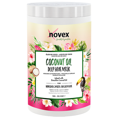Pote branco com tampa prateada de máscara capilar Novex Coconut Oil com design floral e tucano