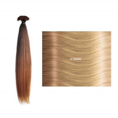 Conjunto de cabelo humano com tonalidades castanho e amostra loira ondulada com texto O 19/24/23