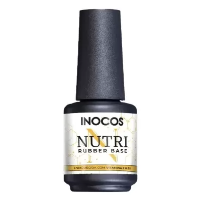 Frasco de esmalte INOCOS Nutri Rubber Base com rótulo branco e tampa preta