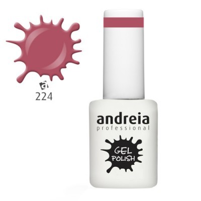 Verniz gel Andreia Professional com tampa branca e faixa rosada, cor 224 mostrada ao lado