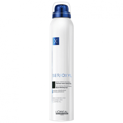 Frasco branco de spray para cabelo com tampa azul e texto Serioxyl L'Oréal