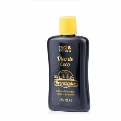 Frasco preto com tampa amarela de óleo de coco bronzeador real natura