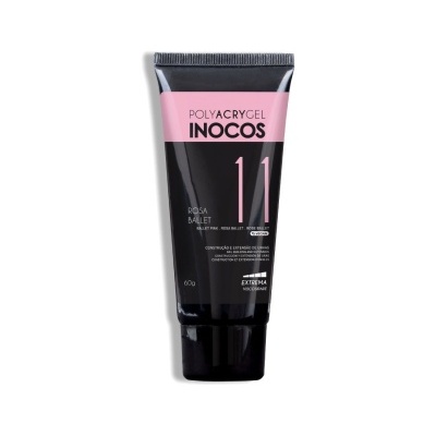 Frasco preto de produto cosmético INOCOS com etiqueta rosa e preto.