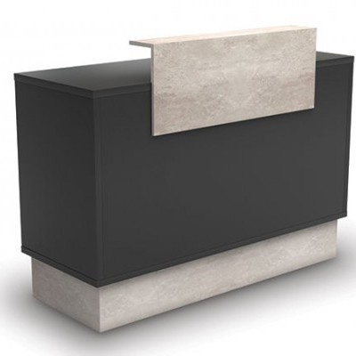 Balcão de receção preto com base e painel em pedra clara texturizada