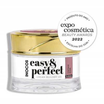 Frasco de gel creme com tampa dourada e selo de prémio expo cosmética 2022