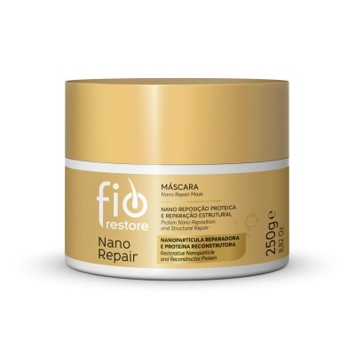 Frasco dourado e branco do produto Fio Restore Nano Repair máscara capilar de 250g