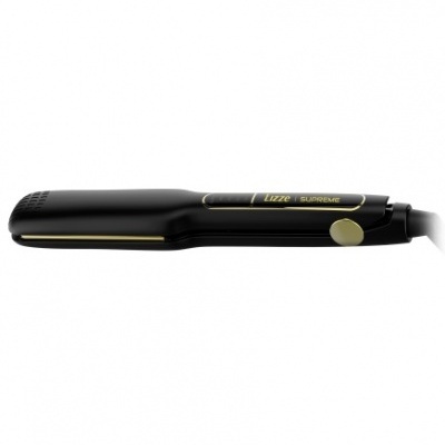 Prancha de cabelo preta com detalhes dourados e texto LIZZE SUPREME