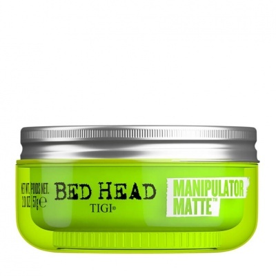 Frasco verde fluorescente de produto capilar BED HEAD TIGI MANIPULATOR MATTE com tampa prateada