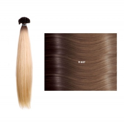 Extensão de cabelo loiro liso e amostra de cabelo castanho R 6/27