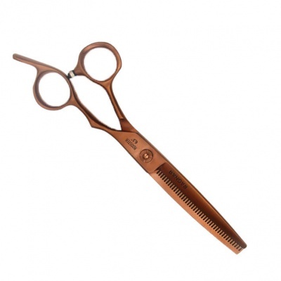 Tesoura de desbaste de cabelo metálica cobre com texto RYDERS e STAINLESS.